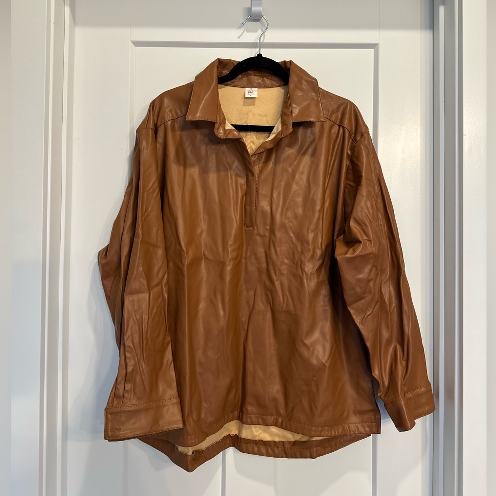 Women's Tan Faux Leather Shirt Jacket